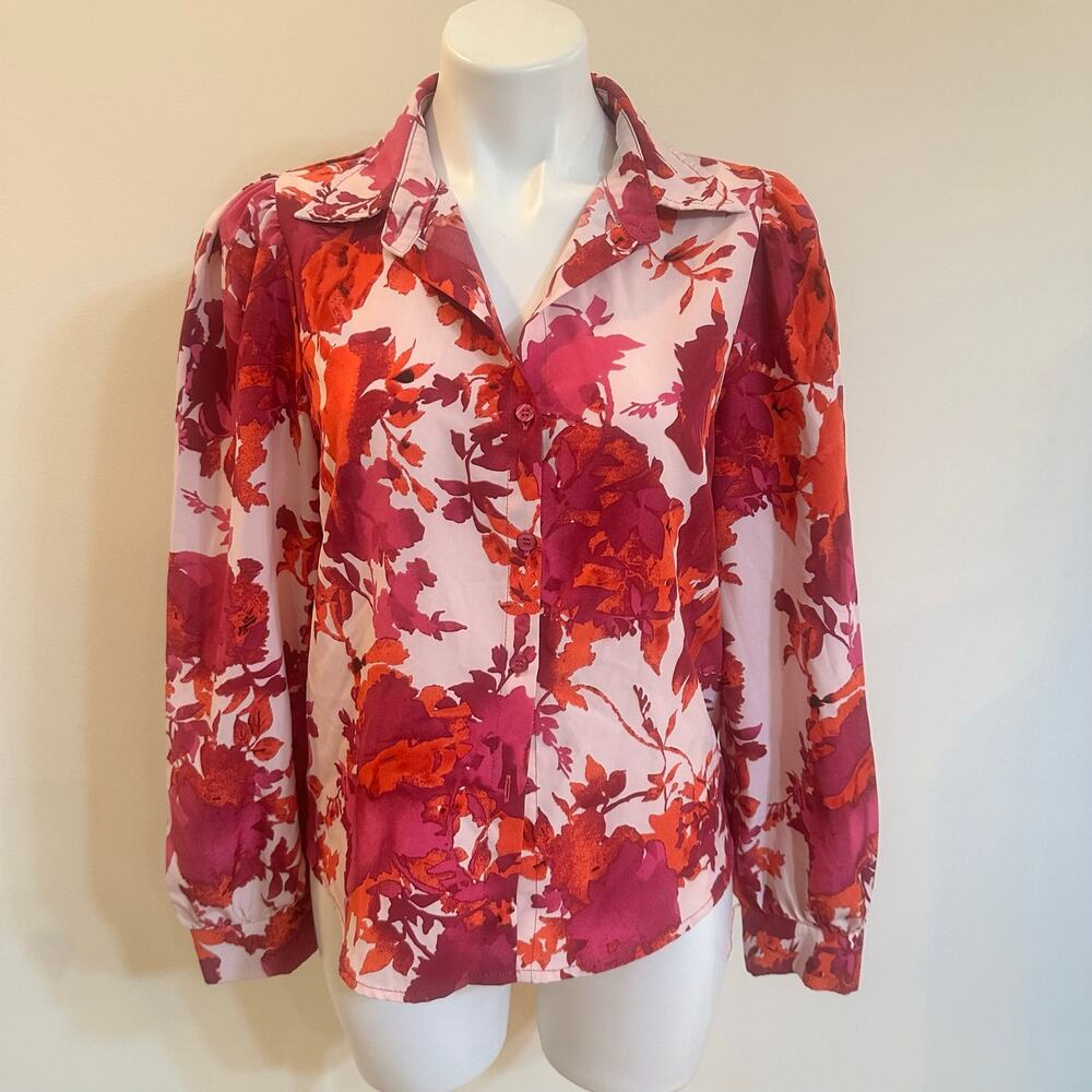 Fashion Nova Pink Purple Floral Satin Button Down Blouse Small